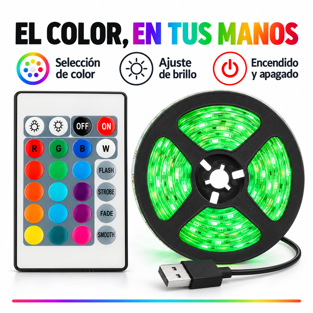 A Giftdecor RGB LED-szalagja sokoldalú világítási megoldást kínál: 5 méter hosszú, és a mellékelt távirányító segítségével 20 különböző szín közül választhatunk.