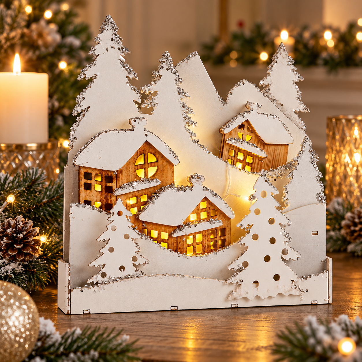 Add A Touch Encantador To Its Decoration Christmas With This Set Of Figures Of Pueblo Of Wood White With Trees And Purpurina Luminosa